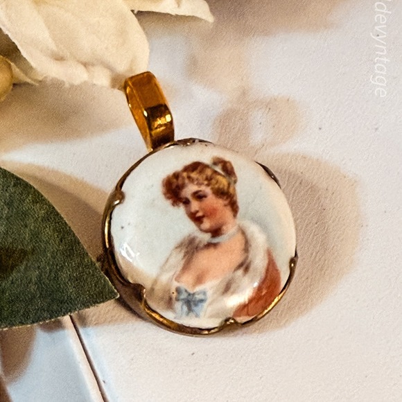 Antique Hand Painted Porcelain Portrait Pendant - Picture 2 of 5